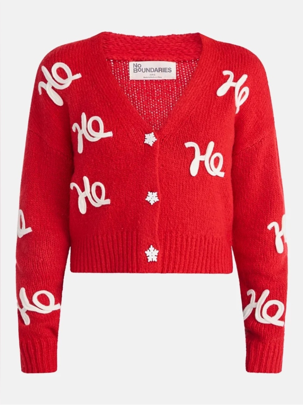 No Boundaries Cropped Christmas Sweater Cardigan Size L Red Embroidered Ho Ho Ho